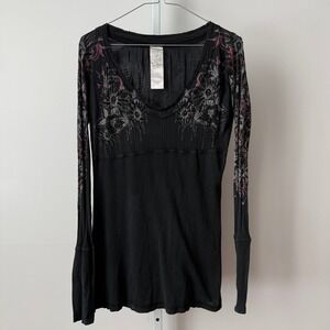 Y2K Crash & Burn M Black Bling V-Neck Graphic Grunge Top 90s Whimsigoth